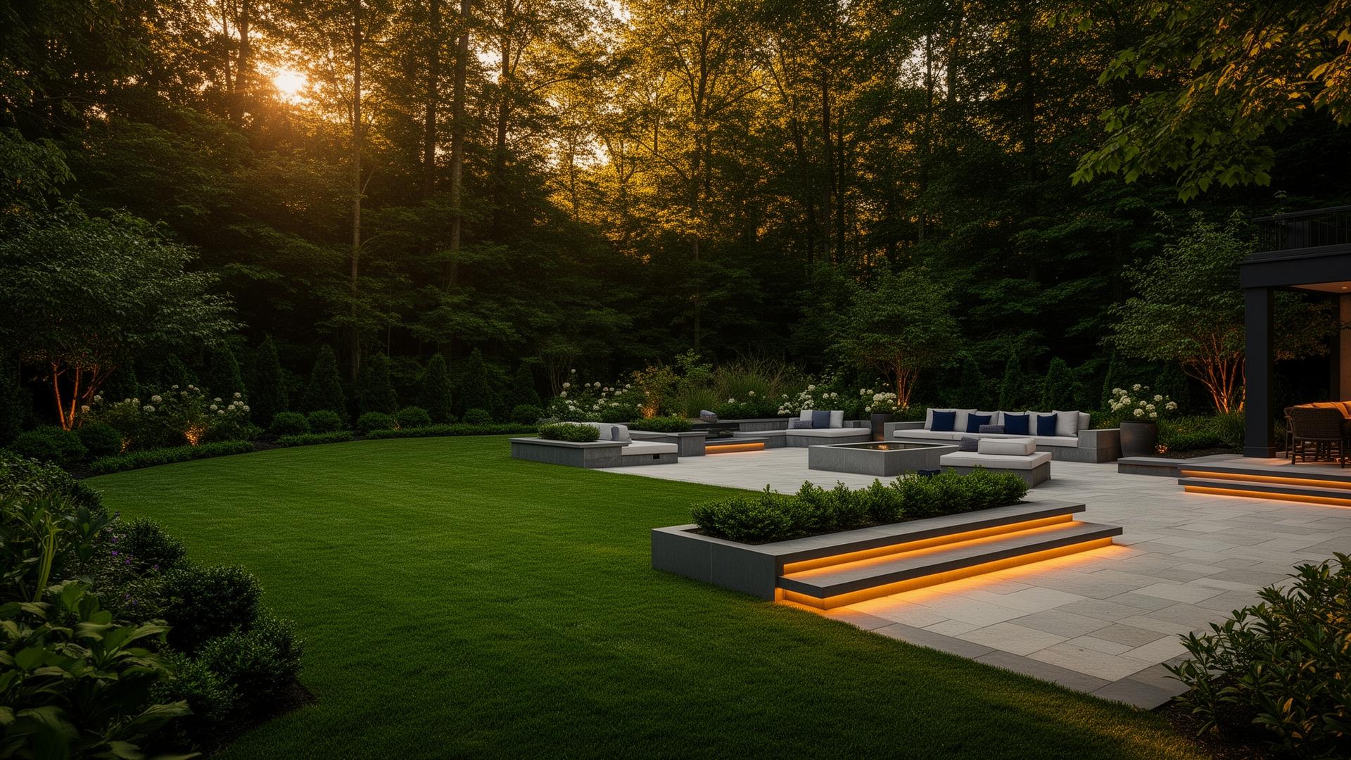 Luxury landscaped backyard with manicured lawn and outdoor lighting at golden hour
